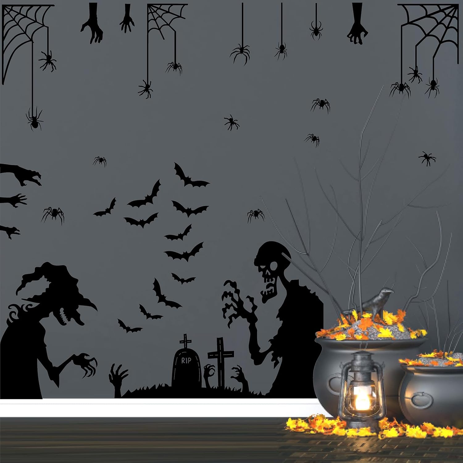 Calcomanías grandes de pared de Halloween, murciélagos de Halloween, calcomanías de pared de araña de vinilo, calcomanías de pared extraíbles de
