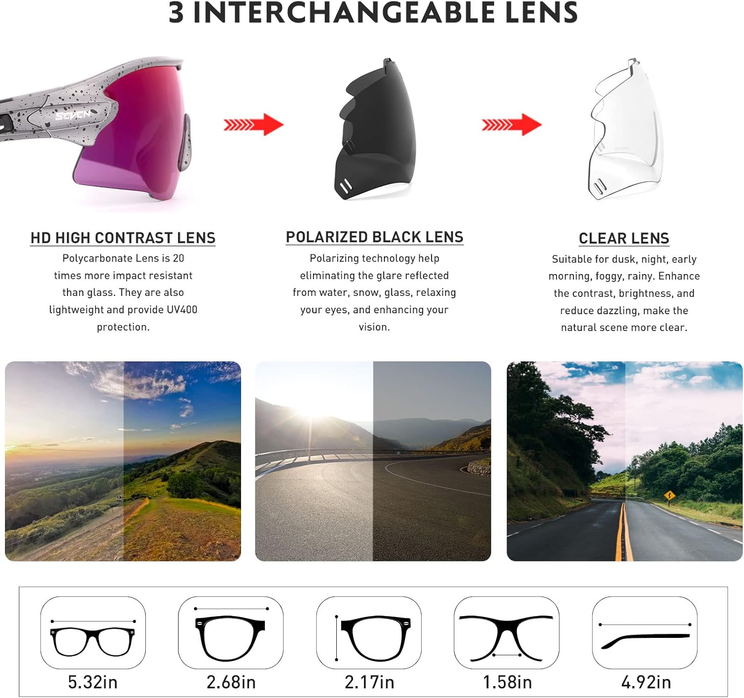 SCVCN Polarized Cycling Glasses Sports Sunglasses for Men Women UV400 bicycle MTB Mountain Bike Glass with 3 Lenses