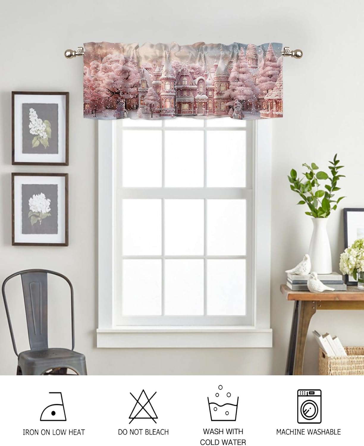 Cenefa de cortina de casa de Navidad para ventanas, sala de estar, cocina, baño, granja, color rosa rubor, romántico, copo de nieve, con bolsillo