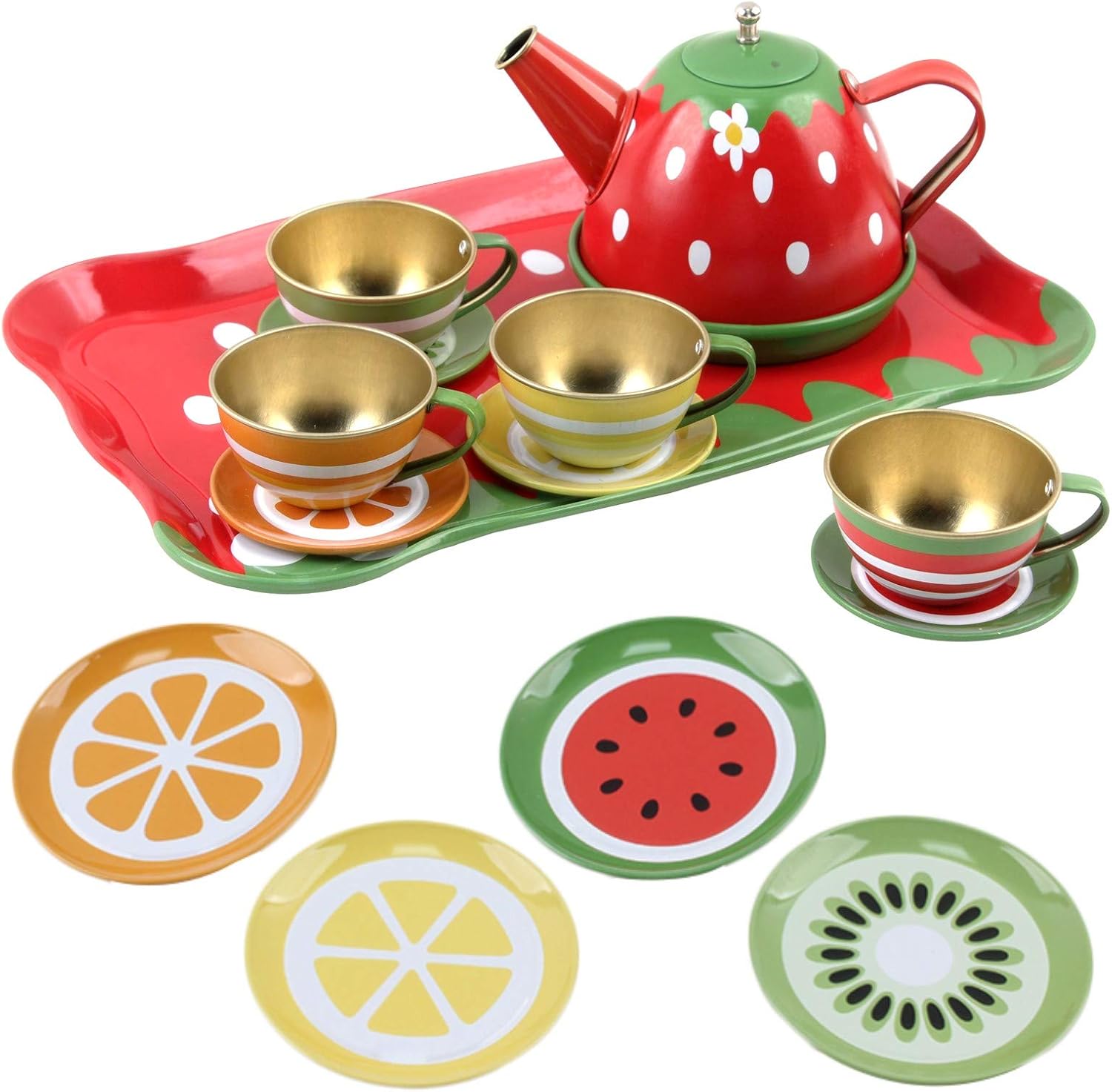 Juego de té de 14 piezas con temática de frutas para niños, construido de material seguro para alimentos, sin BPA, perfecto juguete preescolar de