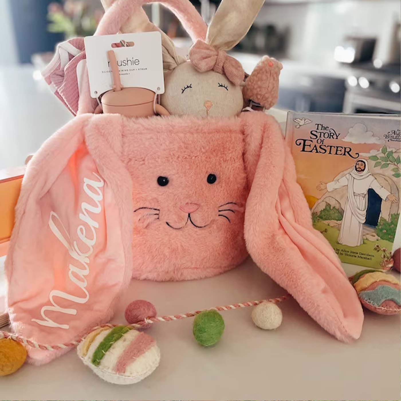 Cestas de Pascua personalizadas, cubos de conejo de Pascua con nombre personalizado, cesta de orejas de conejo de Pascua de felpa para niños y