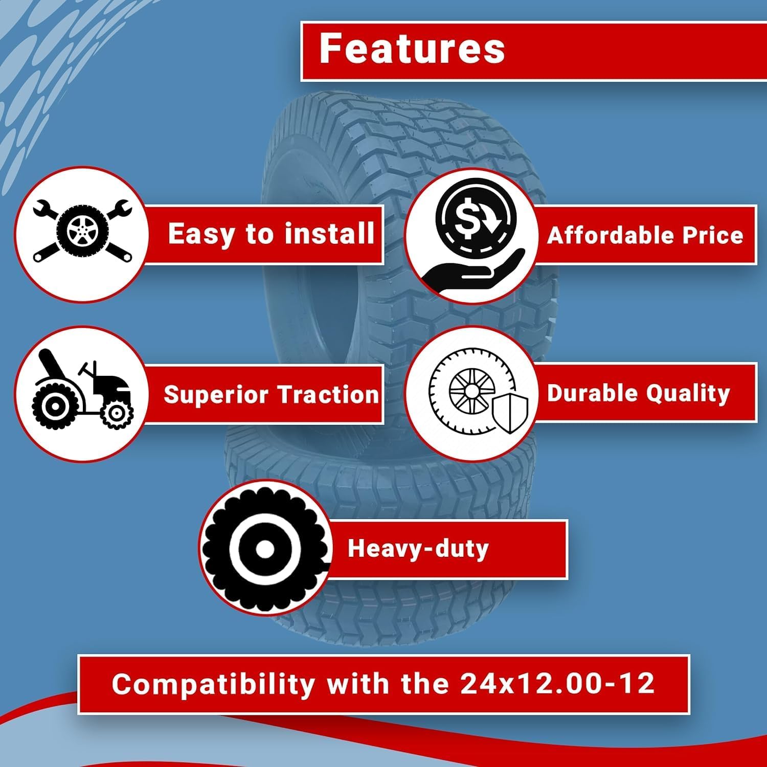 Dos neumáticos de tractor para cortacésped de 24 x 12.00-12 pulgadas, neumáticos traseros resistentes sin cámara de 24 x 12 x 12 pulgadas para una