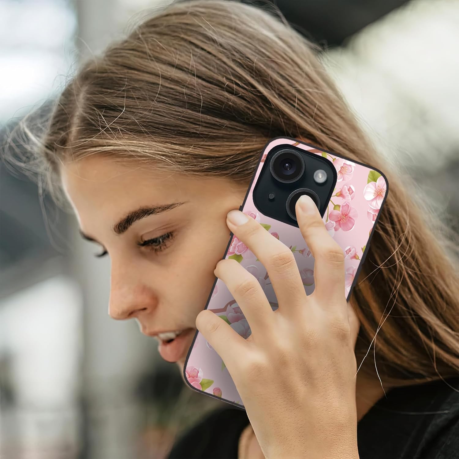 Losthll Funda compatible con iPhone 15 Plus, funda de teléfono con diseño de flores de cerezo, goma de silicona líquida suave, a prueba de golpes,