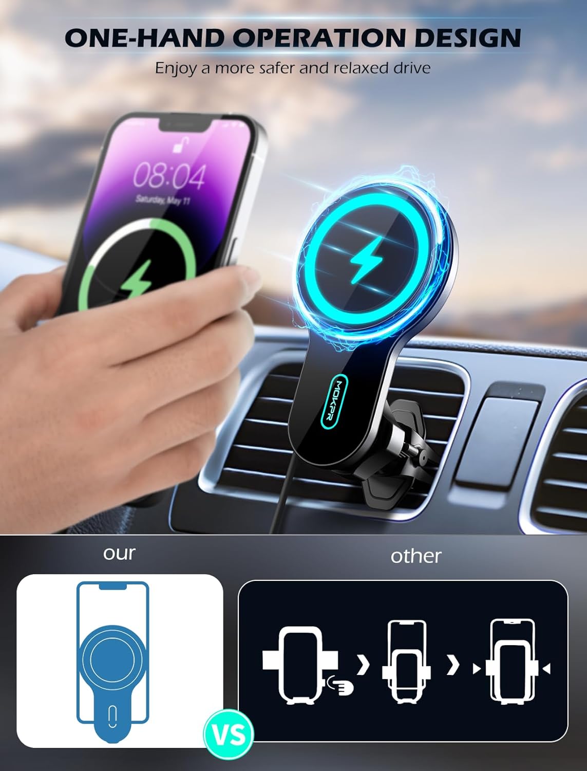 MOKPR Cargador de coche MagSafe para automóvil, disipación de calor de 15 W, cargador inalámbrico para automóvil, carga rápida, soporte magnético