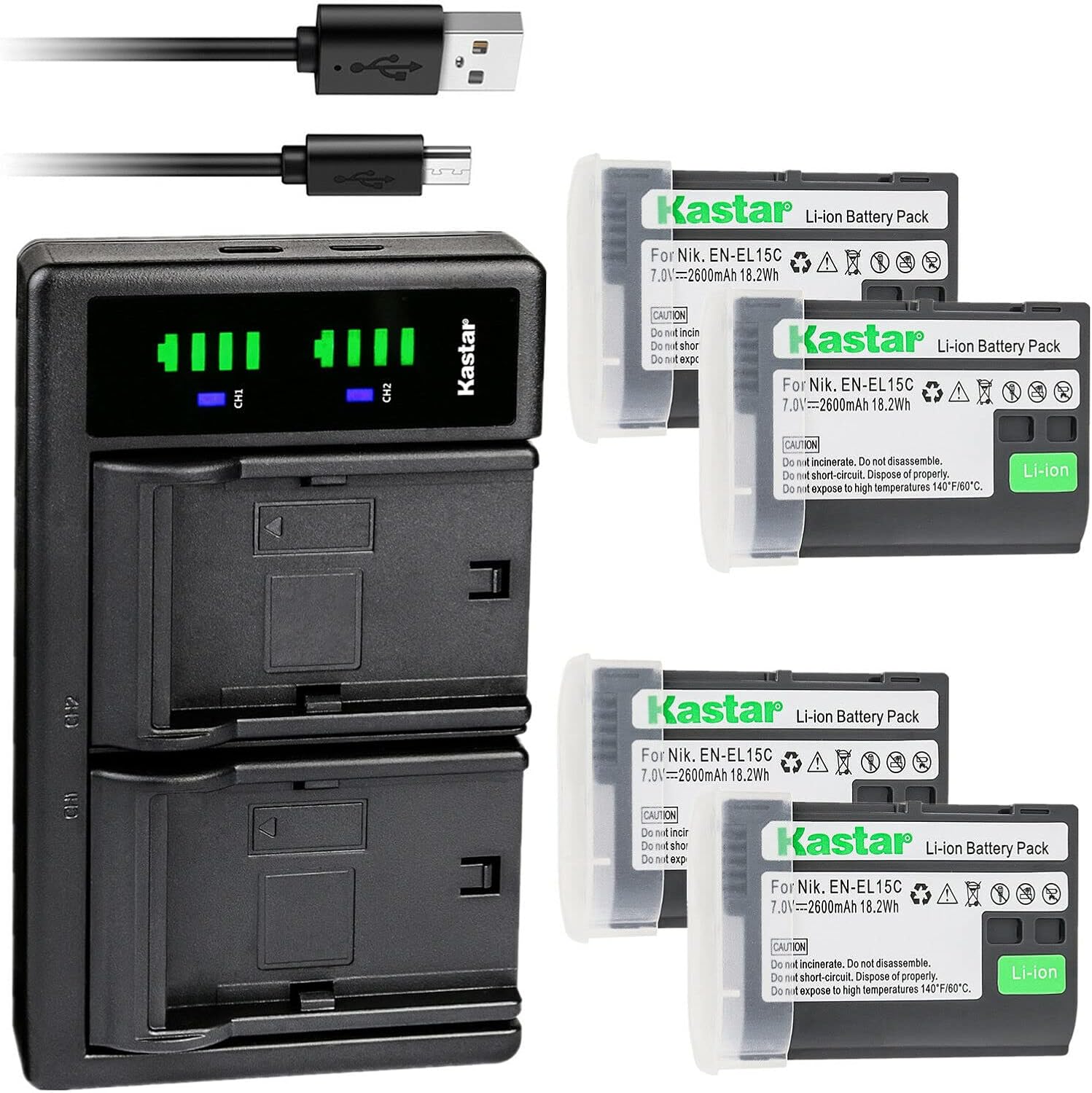 Kastar Paquete de 4 baterías EN-EL15c y cargador USB LTD2 de repuesto para batería Nikon EN-EL15 EN-EL15a EN-EL15b EN-EL15c, cargador MH-25 MH-25a