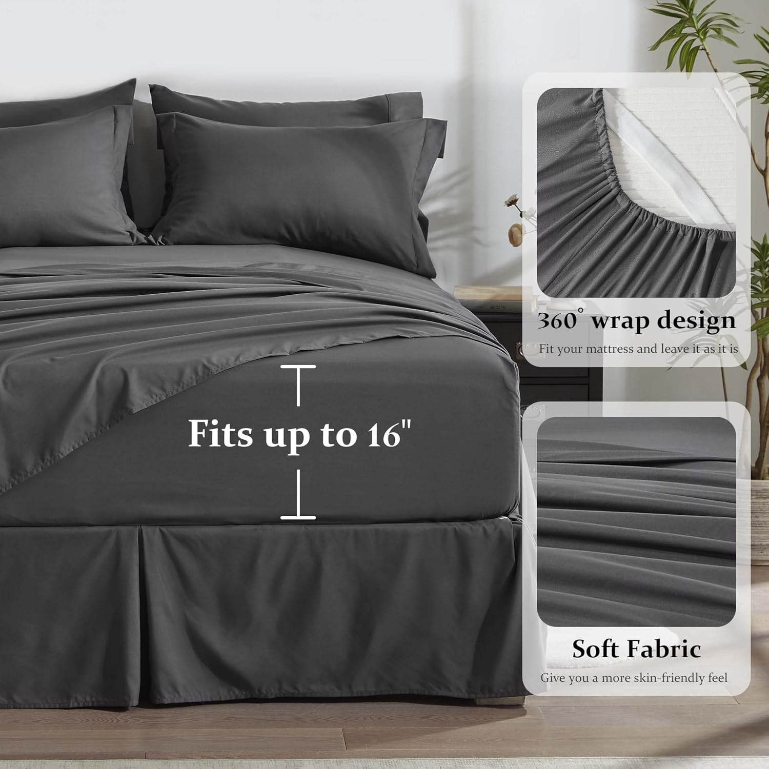 Newspin Juego de edredón de 8 piezas de cama Queen en una bolsa, juego de cama gris oscuro para todas las estaciones, juegos de ropa de cama Queen