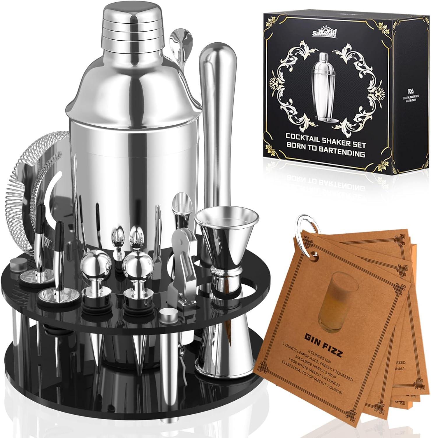 SamuelWorld Juego de coctelera con soporte 14 piezas de acero inoxidable, accesorios perfectos para barman para el hogar y el barman profesional,