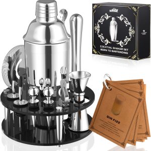 SamuelWorld Juego de coctelera con soporte 14 piezas de acero inoxidable, accesorios perfectos para barman para el hogar y el barman profesional, SamuelWorld Juego de coctelera con soporte 14 piezas de acero inoxidable, accesorios perfectos para barman para el hogar y el barman profesional,