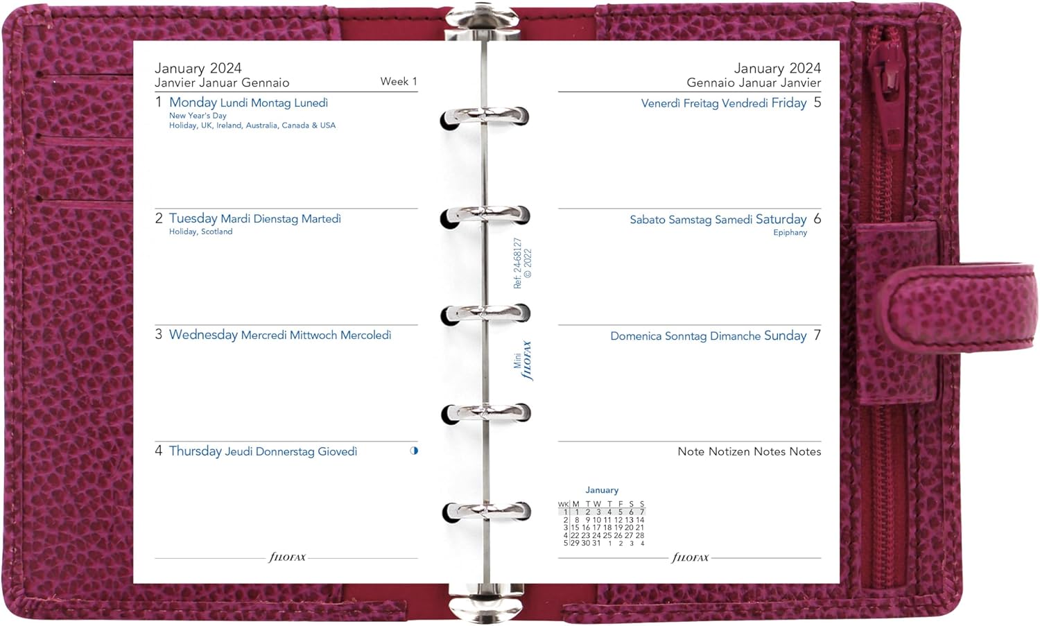 Filofax Finsbury – Organizador de tamaño pequeño, frambuesa, cuero granulado tradicional, cinco anillos, calendario semanal para ver, multilingüe,