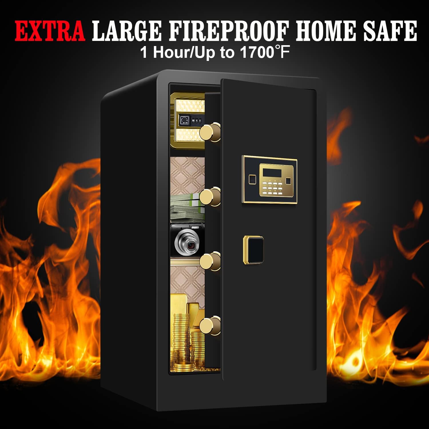 Caja de seguridad de 5.1 pies cúbicos a prueba de fuego, impermeable, digital para el hogar, caja fuerte grande a prueba de fuego, caja de seguridad