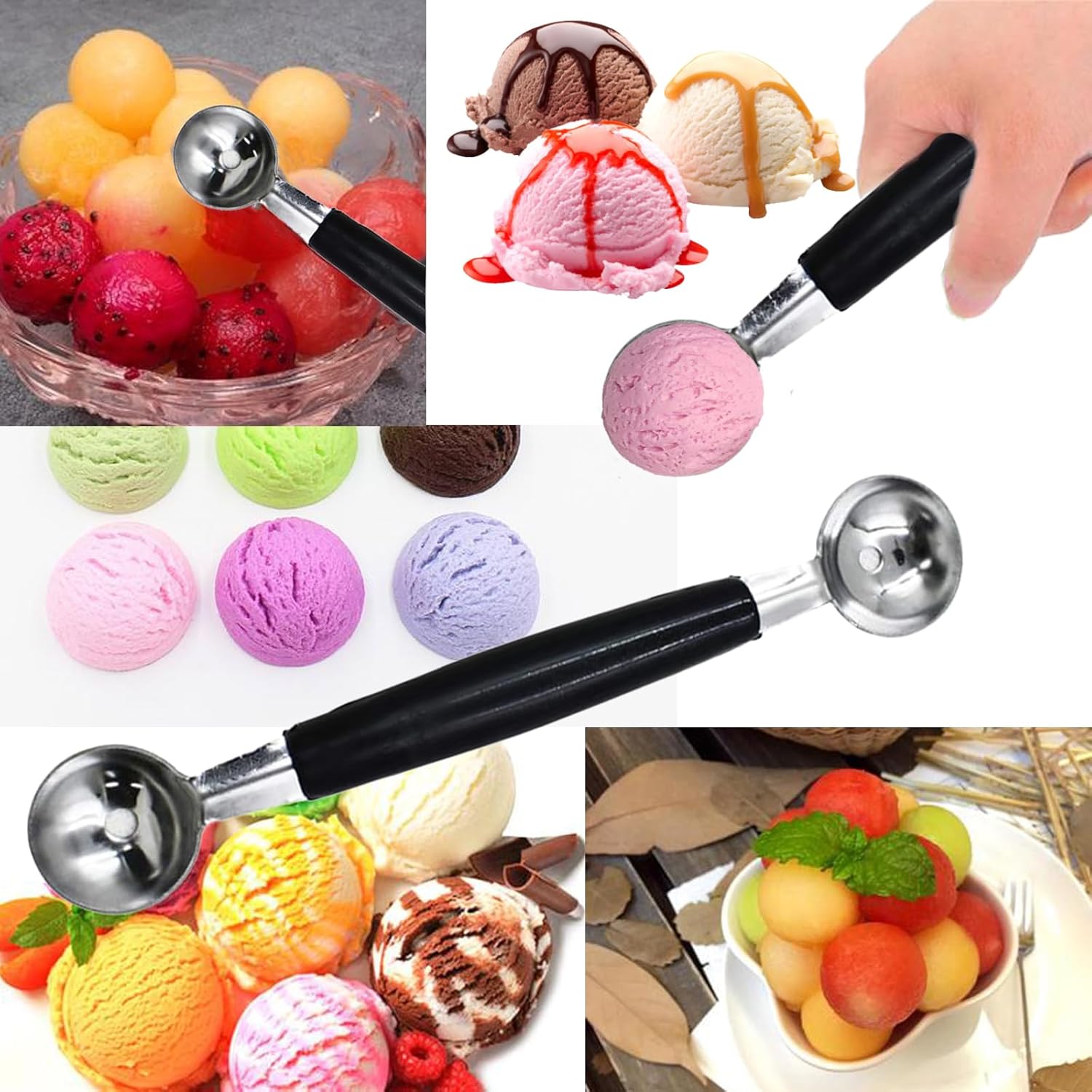 Paquete de 4 cucharas de bola de helado de fruta de doble extremo, bola de melón de acero inoxidable 430, bolas de melón redondas lisas para sandía,