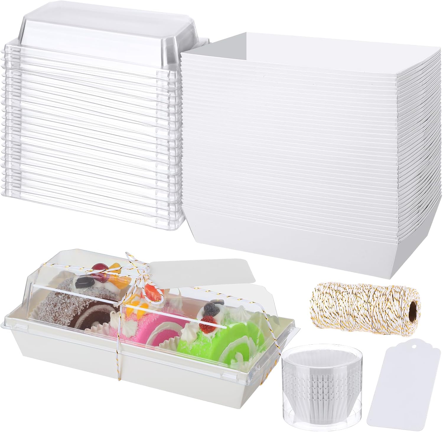 Qilery Paquete de 50 cajas de papel para embutidos con tapas transparentes y seguras, recipientes rectangulares desechables para postres