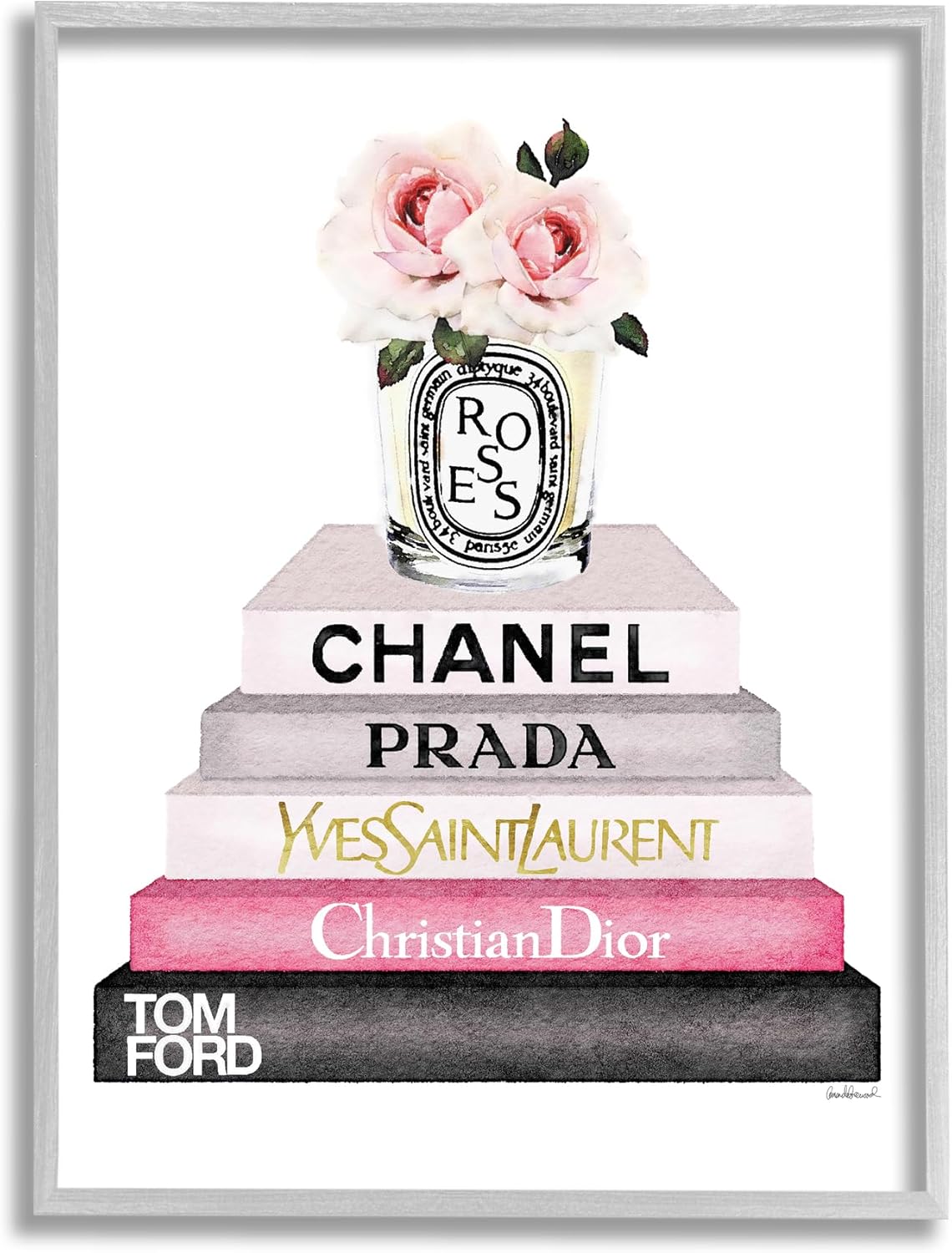 Stupell Industries Book Stack Fashion Candle – Arte de pared enmarcado con diseño de vela rosa y gris, 11 x 14 pulgadas, diseño por la artista
