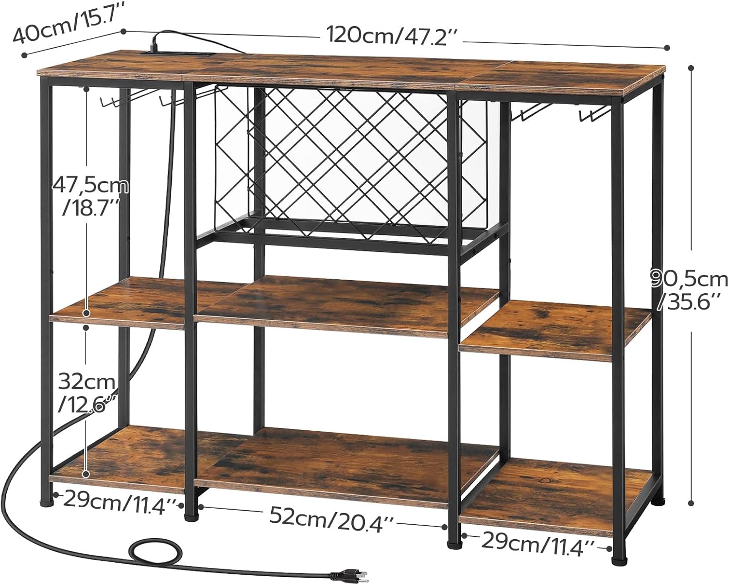 HOOBRO Gabinete de bar de vinos con luz LED y tomas de corriente, mesa de estante de vino para bebidas y vasos, gabinete de bar de café con estante