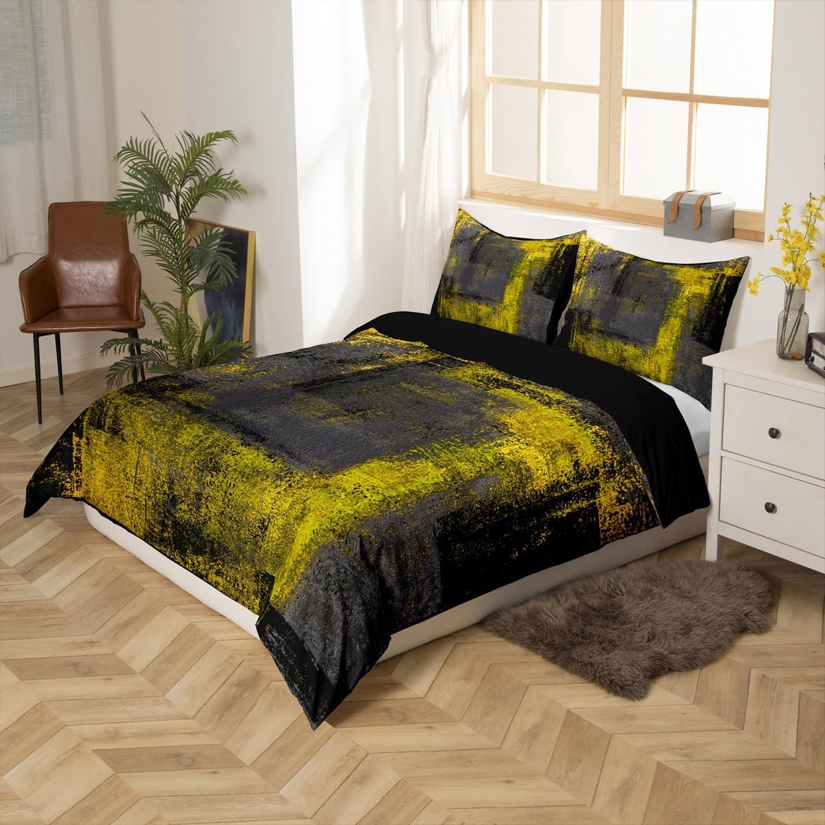Erosebridal Juego de funda de edredón para niños, tamaño King, color amarillo, negro, gris oscuro, gris, juego de ropa de cama estética para niños y