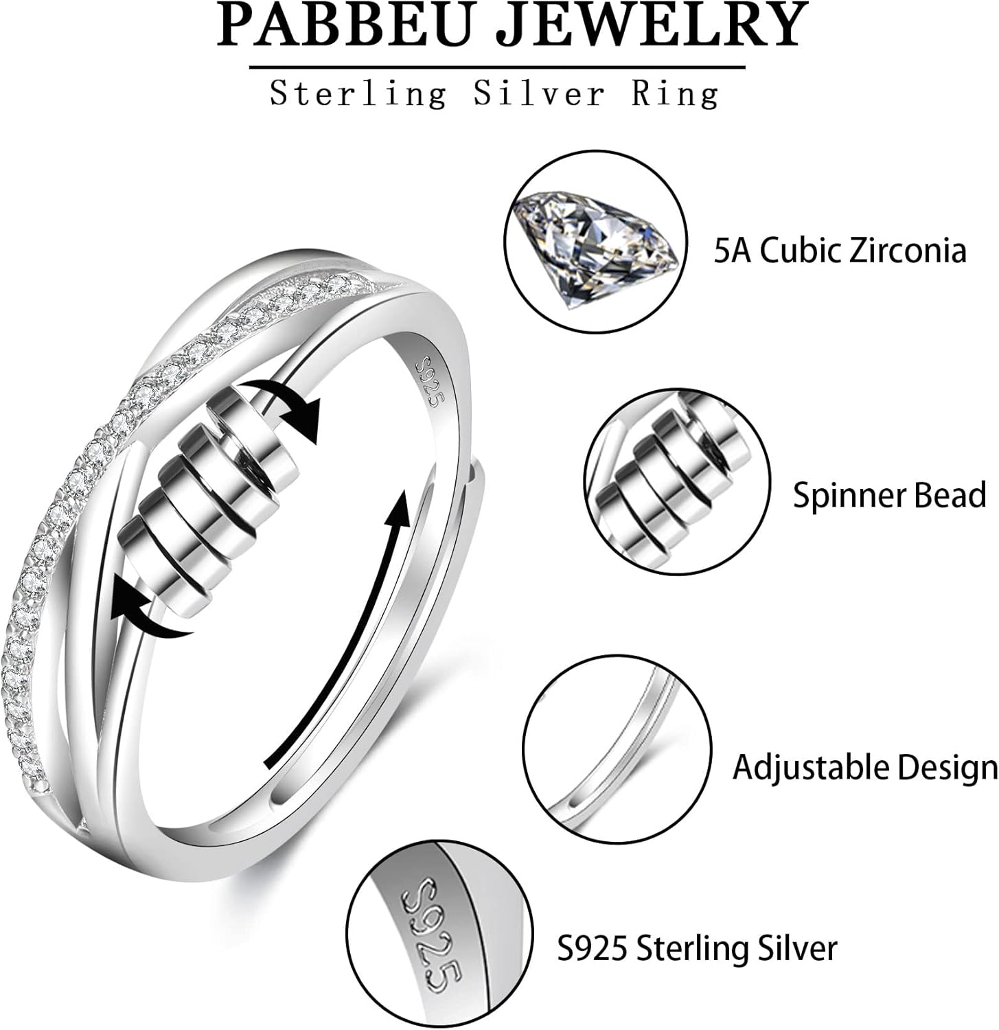 PABBEU Anillo de ansiedad para mujer, plata de ley 925, con circonita cúbica, ajustable, para aliviar el estrés, anillo de ansiedad para niñas y