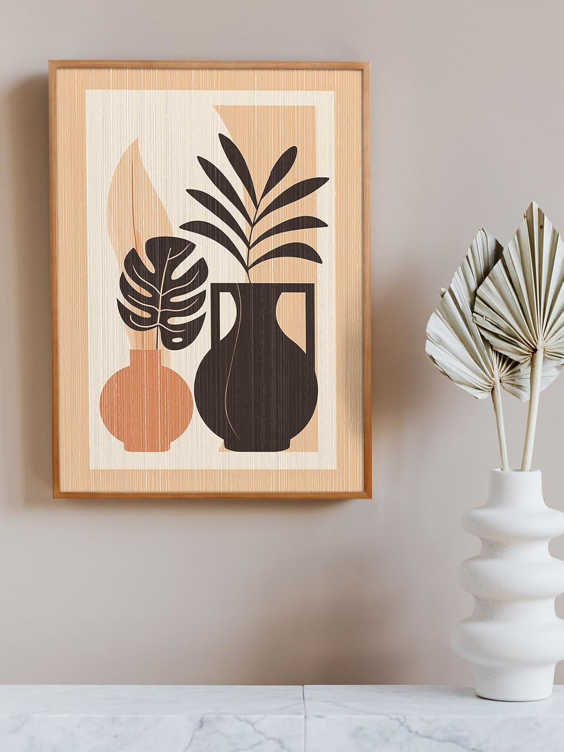 SHOXREM Decoración de pared de cuerda floreros modernos, plantas de helecho en borla de algodón con marco, naturaleza muerta abstracta para sala de