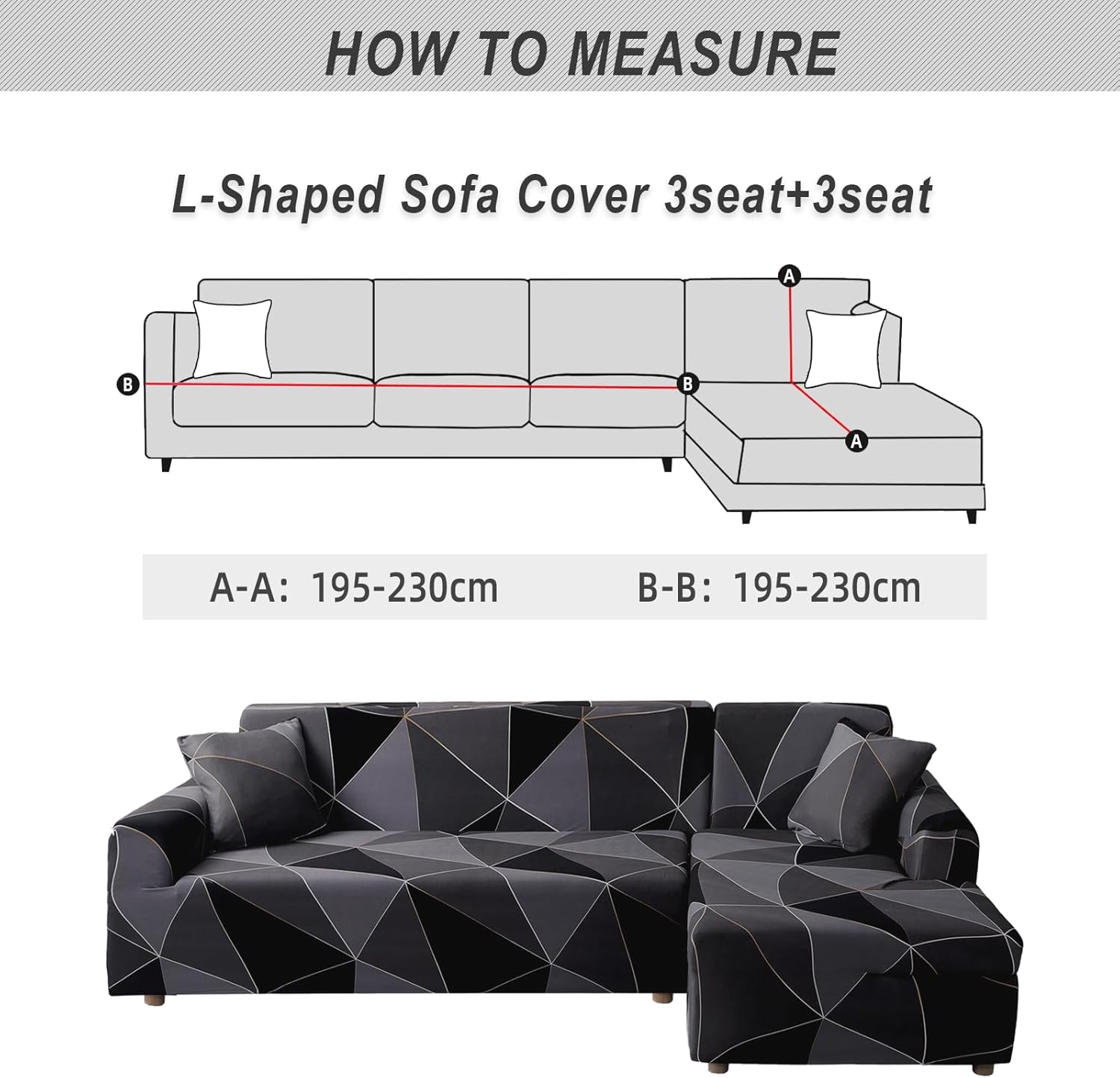 Fundas de almohada de 17.7 x 17.7 in, en forma de L, con 2 fundas de almohada, reversible, elástica, para sofá de 3 plazas+3 plazas, etiqueta negra