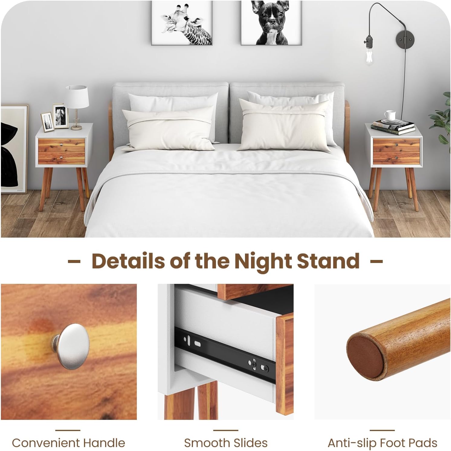 GOFLAME Mesita de noche con 2 cajones, pequeña mesa auxiliar de madera, moderna de mediados de siglo con almacenamiento, mesa auxiliar compacta para