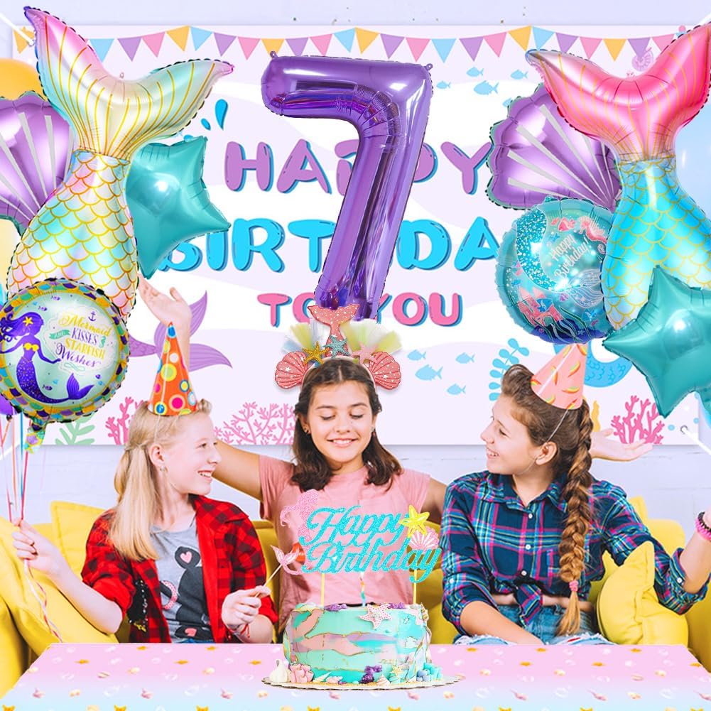 9 piezas de decoraciones de cumpleaños de sirena para niñas, el kit de suministros de fiesta de sirena incluye taid de sirena, globo número 7,