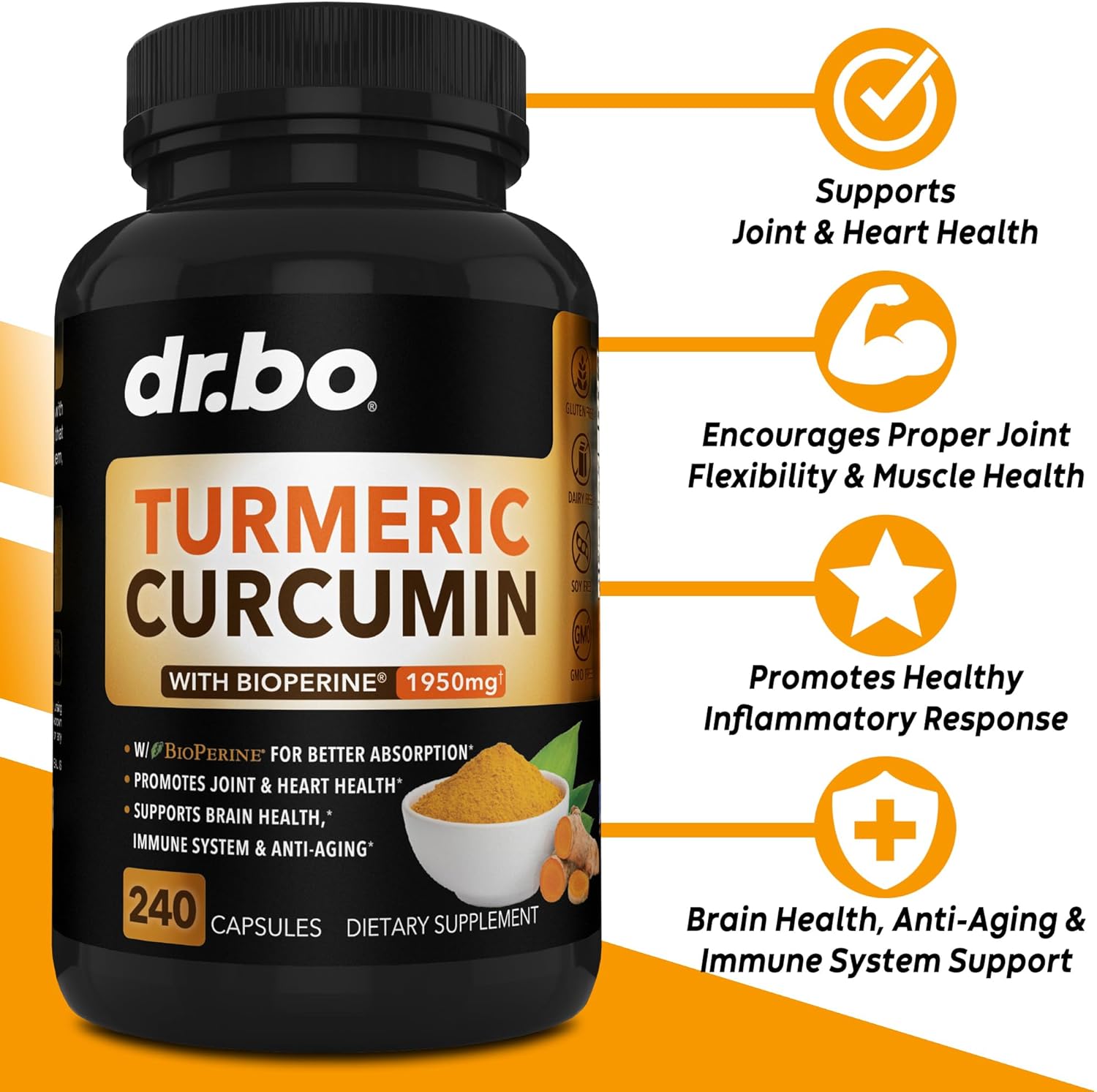 Curcumina de cúrcuma con cápsulas de suplemento BioPerine, suplementos naturales de apoyo articular con 1950 mg de cúrcuma Longa Pure Organic