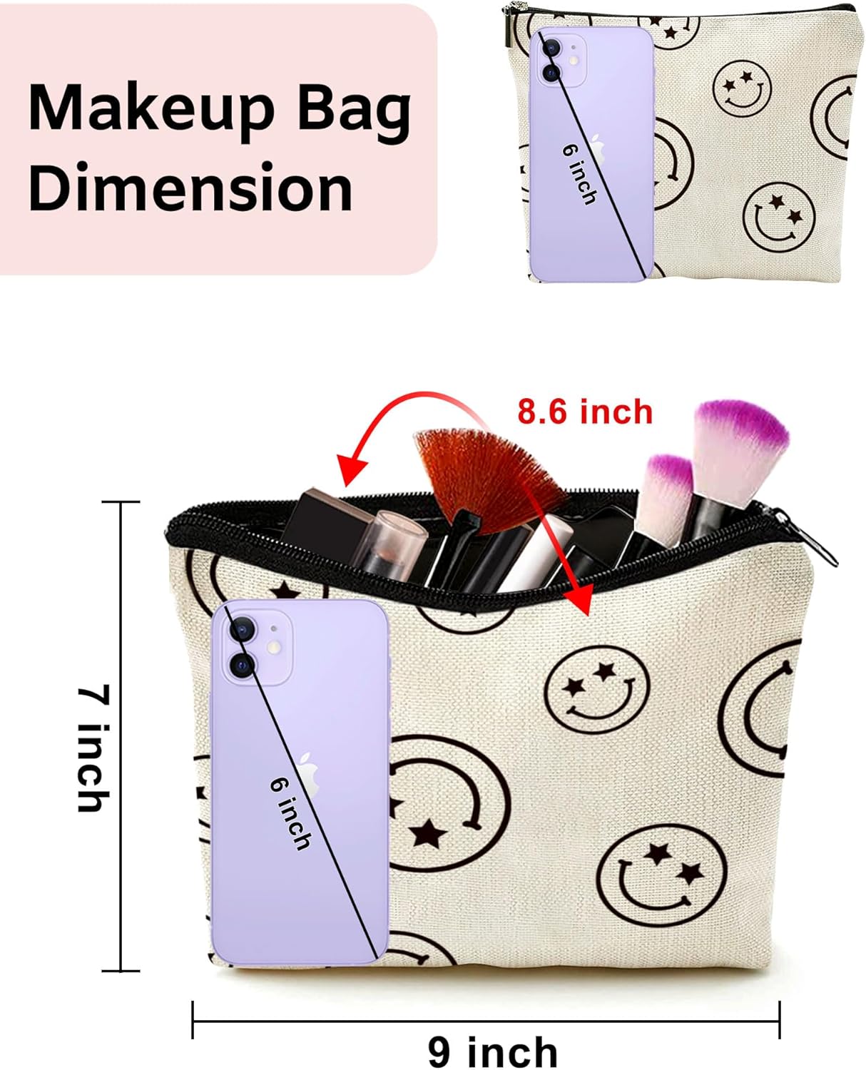 Lamtwbos Bolsa de maquillaje para bolso, bolsa organizadora de cosméticos de viaje de lino, bolsa de aseo con cremallera, bolsa de almacenamiento