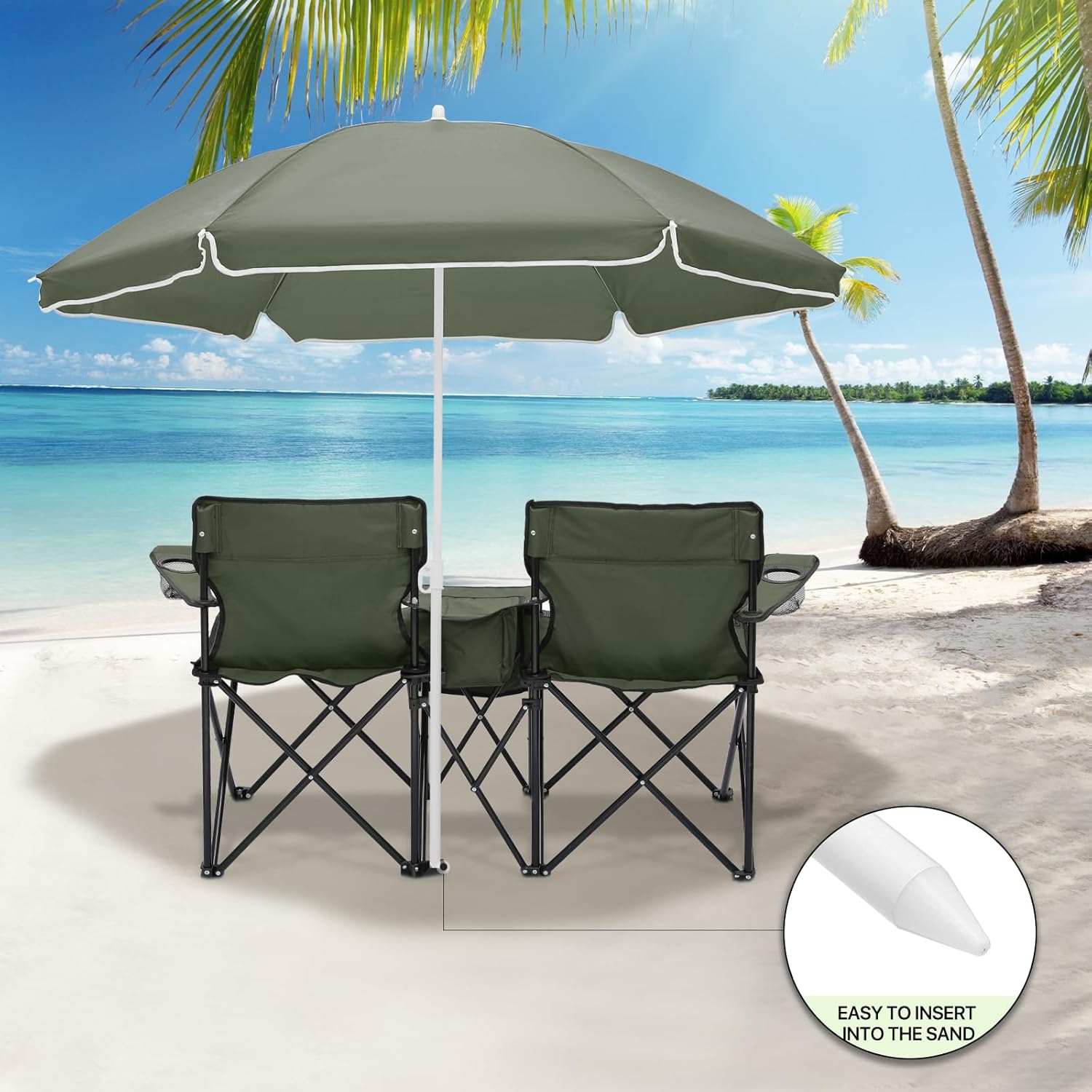 Magshion Silla de campamento doble con paraguas y enfriador para adultos, silla plegable de alta resistencia, color verde oscuro