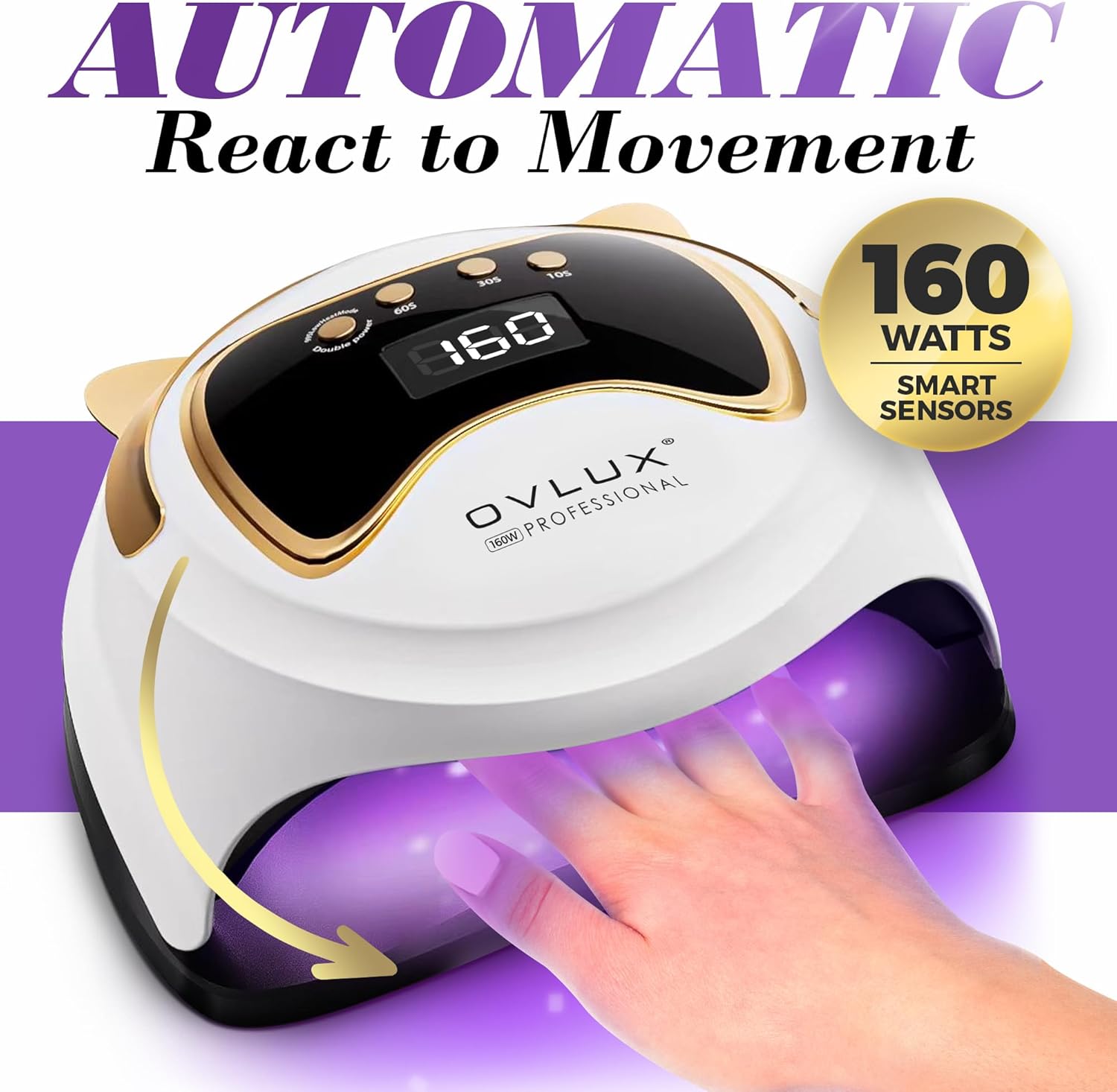 OVLUX Lámpara de uñas LED UV de 160 W, lámpara profesional de secado de uñas con 3 temporizadores y pantalla LCD, curado de gel UV y luz de esmalte