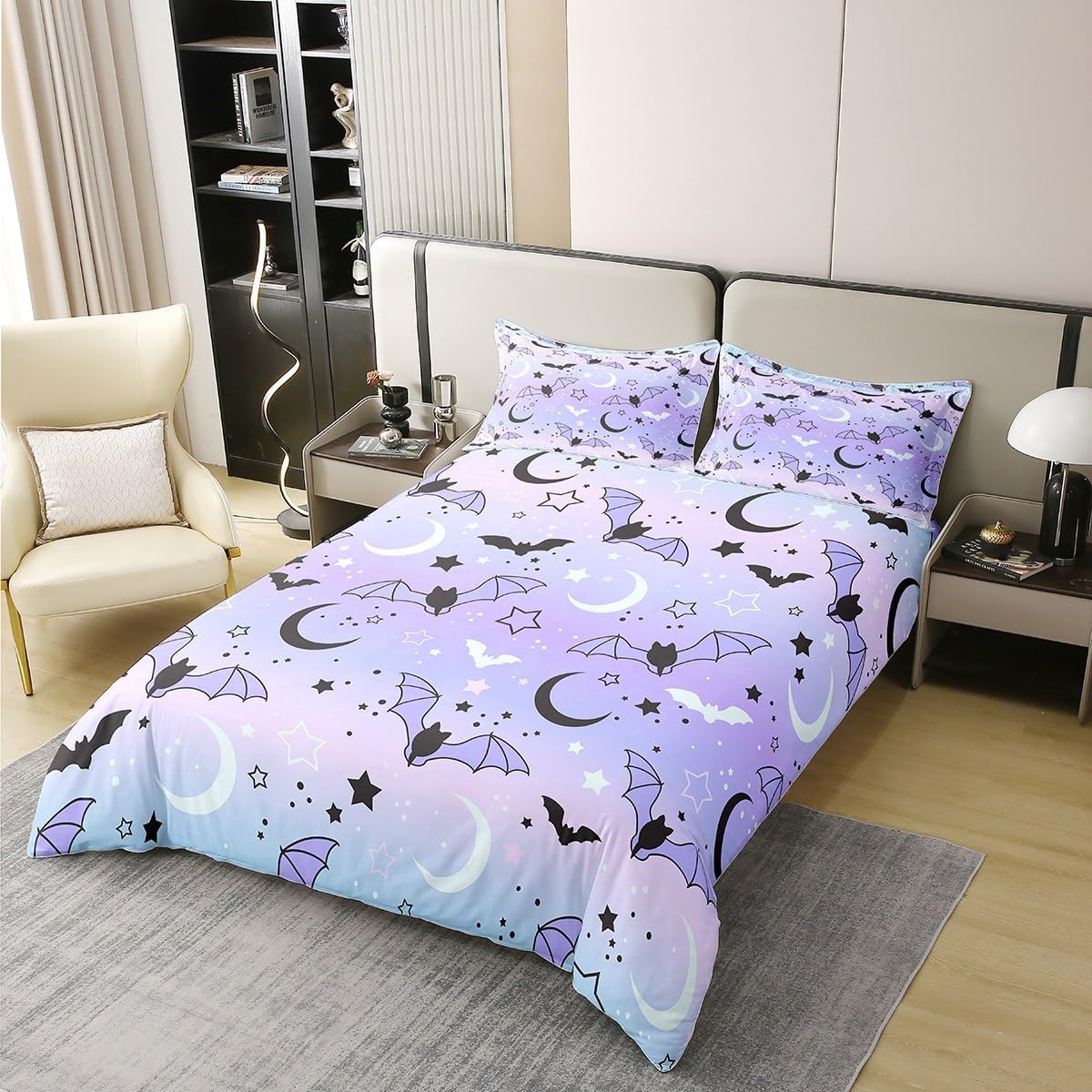Helloween – Juego de ropa de cama de 100 % algodón natural, diseño de murciélagos y estrellas de galaxia, luna y neón para niños y niñas, decoración
