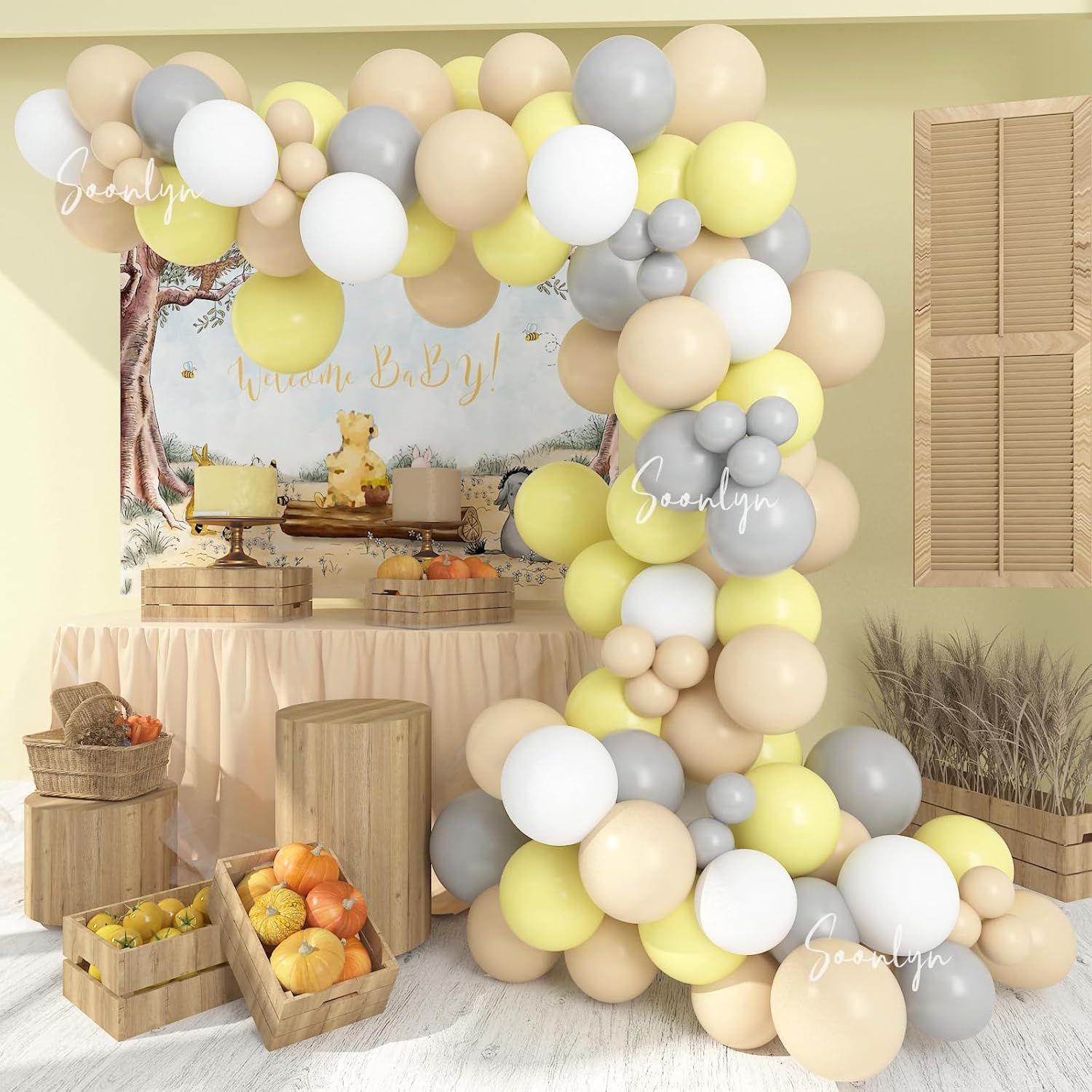 Soonlyn The Pooh – Kit de guirnalda de arco de globos para decoración de baby shower, 9-10 pies, 12 pulgadas, amarillo, nude, gris, blanco, para