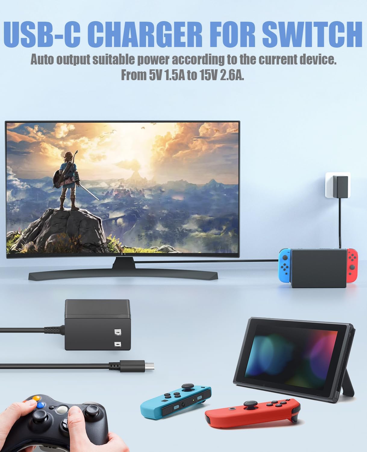 Cargador tipo c de 15 V 2.6 A para Switch y dispositivo de teléfono Android USB-C, adaptador de CA de 65 W para computadora portátil Dell Inspiron