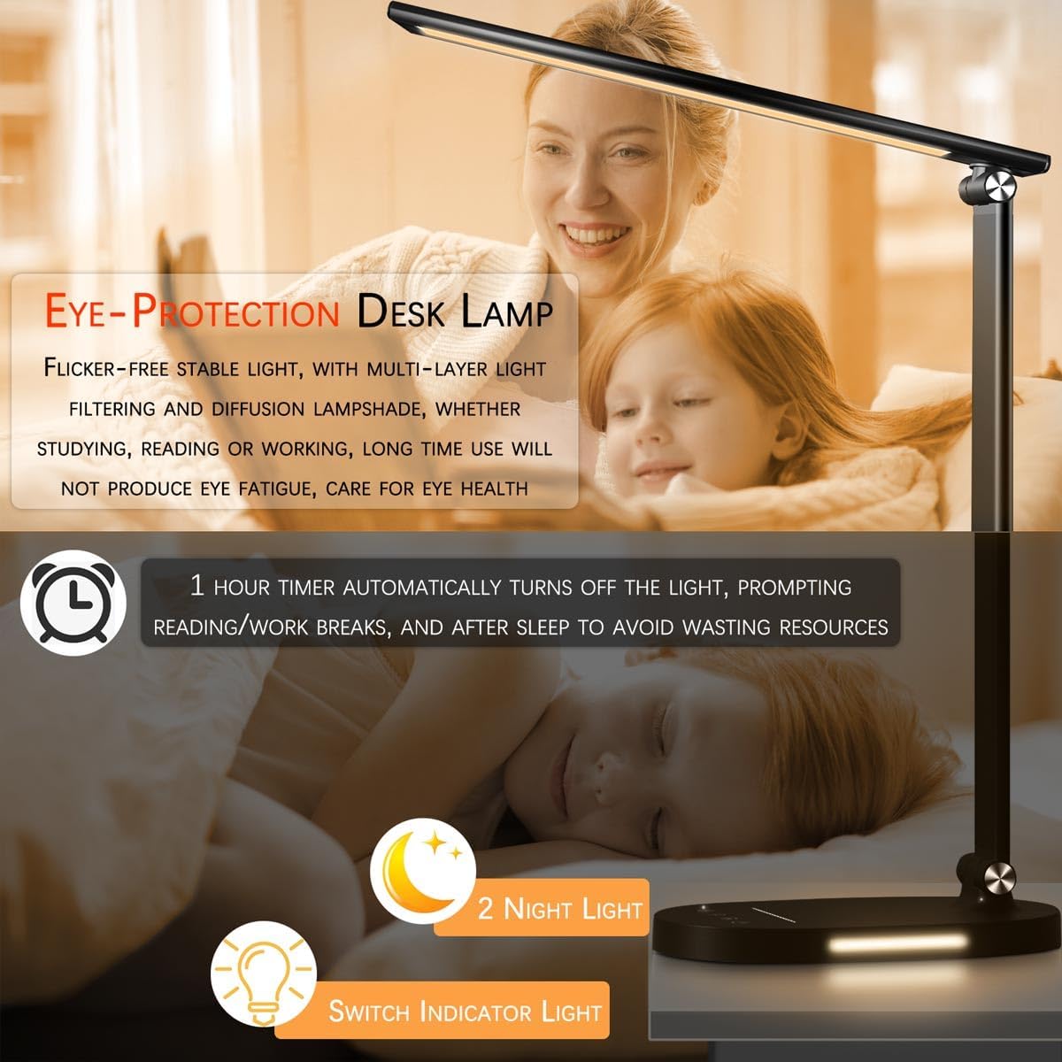 Lámparas de escritorio para oficina en casa, lámpara de escritorio de 52 LED con cargador inalámbrico, lámpara de mesa con control táctil, 5 modos