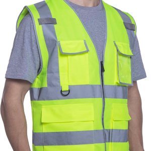 sesafety Chalecos de seguridad reflectantes con 9 bolsillos y cremallera, chaleco de construcción clase 2 para hombre, amarillo neón, talla L sesafety Chalecos de seguridad reflectantes con 9 bolsillos y cremallera, chaleco de construcción clase 2 para hombre, amarillo neón, talla L