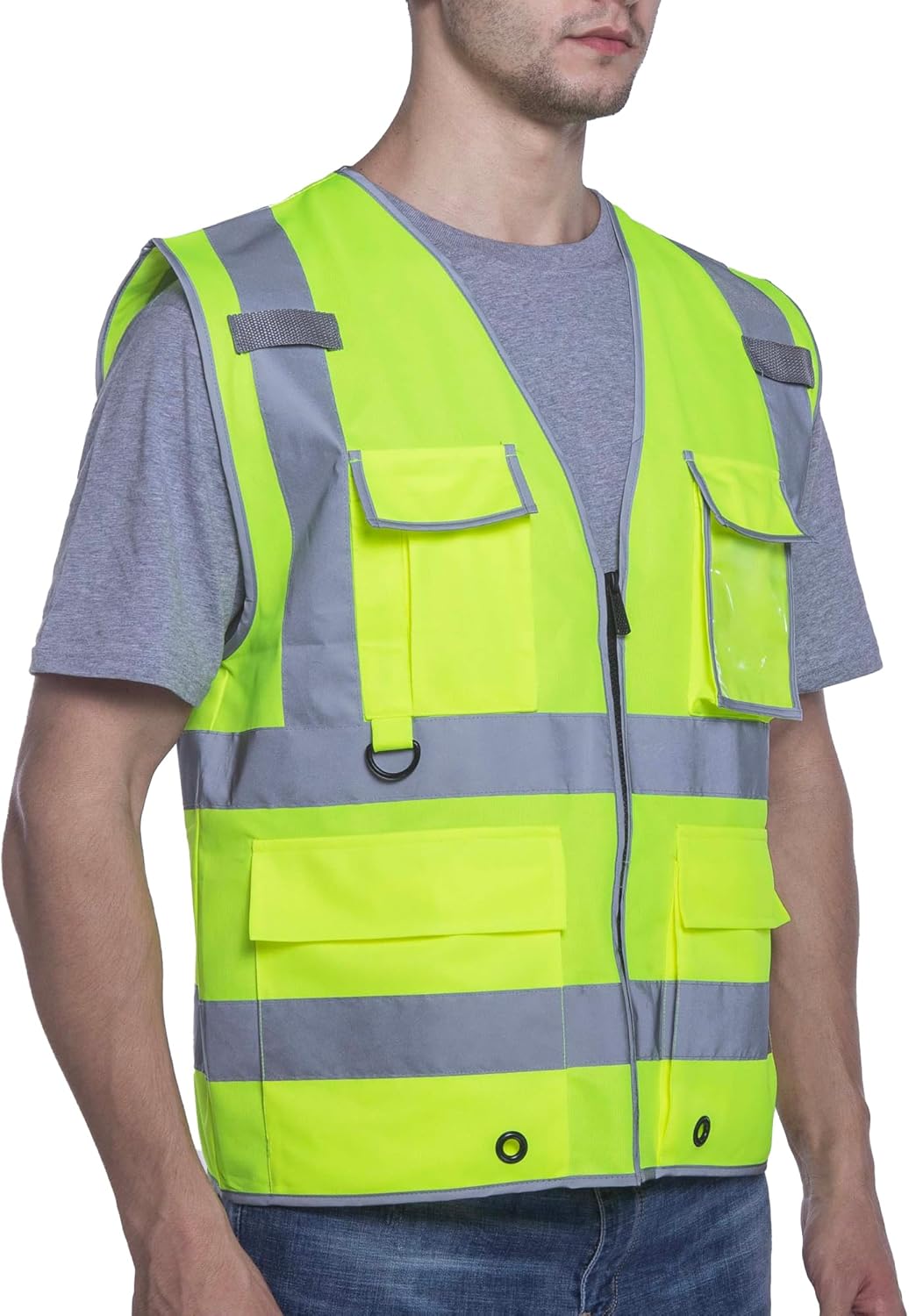 sesafety Chalecos de seguridad reflectantes con 9 bolsillos y cremallera, chaleco de construcción clase 2 para hombre, amarillo neón, talla L
