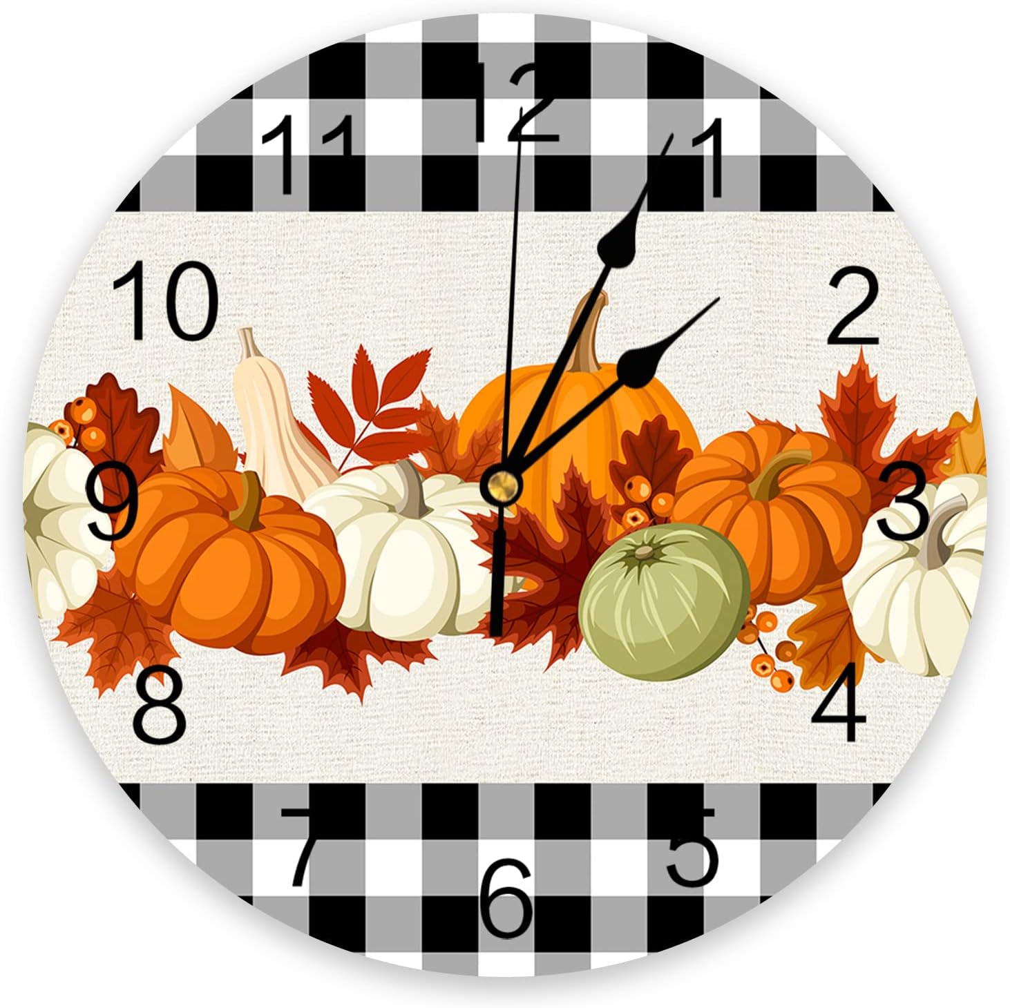 Artwork Store Reloj de pared silencioso de 10 pulgadas para Acción de Gracias, acuarela, calabaza, hoja de arce, búfalo, a cuadros, elegante reloj