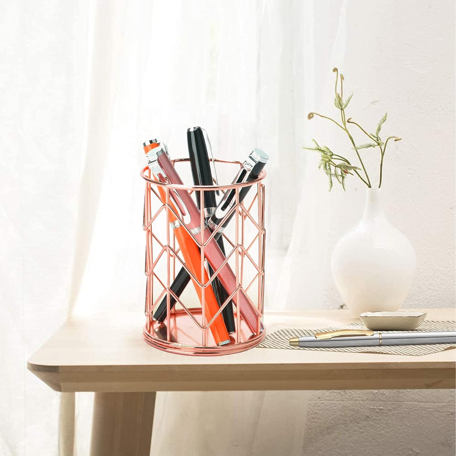 Soporte para lápices de malla metálica de alambre de oro rosa, soporte para brochas de maquillaje, organizador de bolígrafos, accesorios para