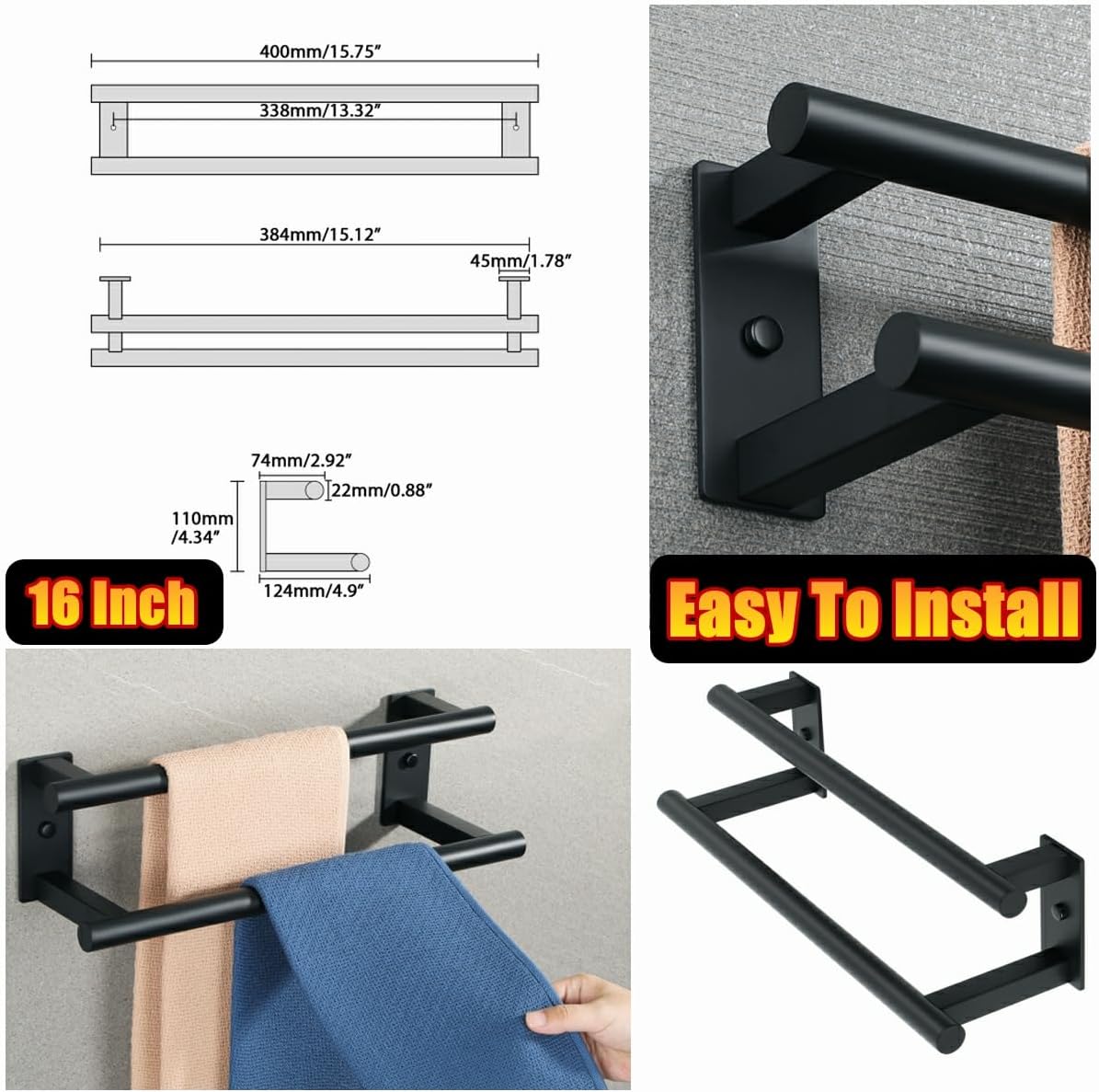 Alise Toallero doble de baño, toallero negro mate para baño, toallero de montaje en pared, toallero de acero inoxidable SUS304 resistente, GDL7400-B