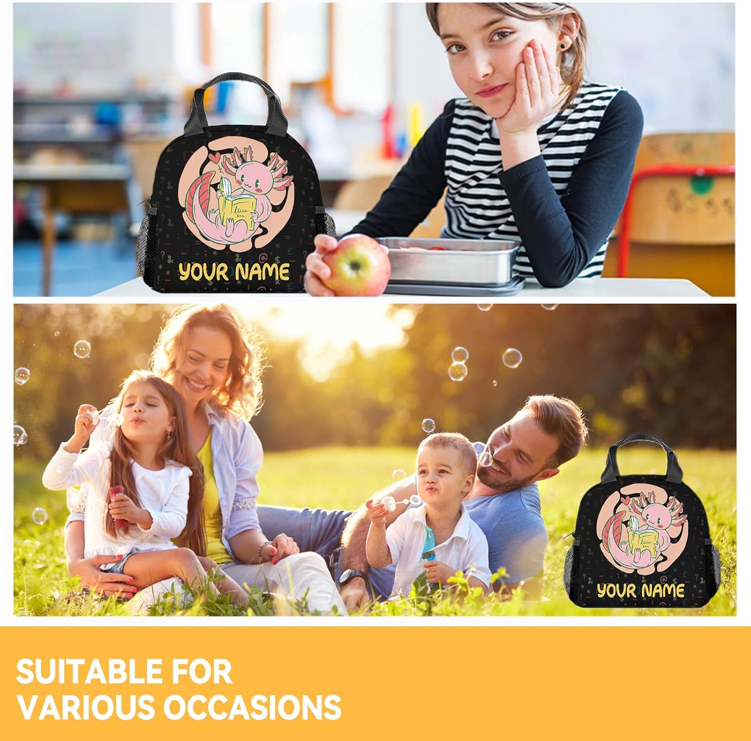 Axolotl – Lonchera reutilizable personalizada, bolsas de almuerzo con aislamiento medio con correa para el hombro, lonchera Kawaii para mujeres,