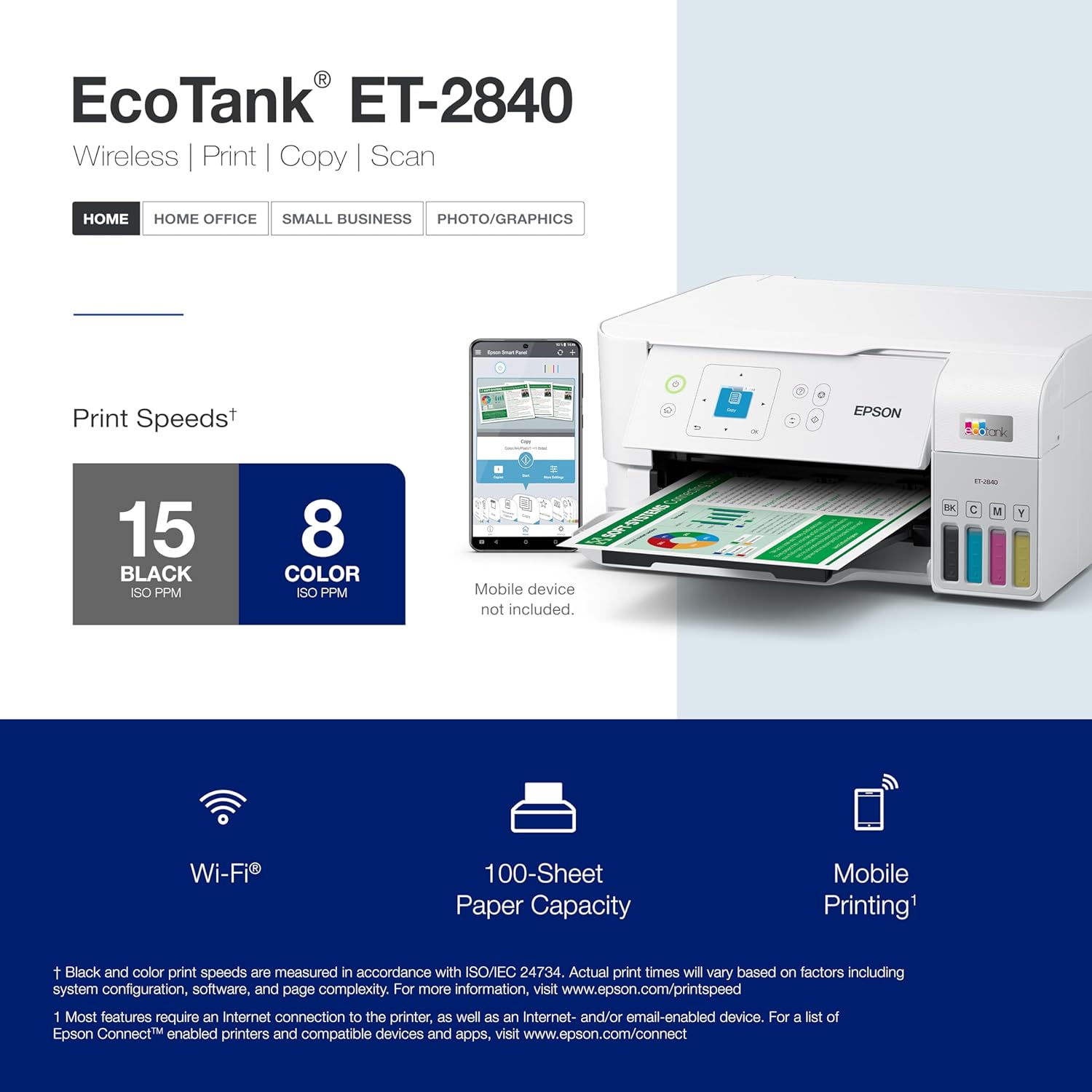 Epson EcoTank ET-2840 Impresora Supertank inalámbrica a color todo en uno sin cartuchos con escaneo y copia, la impresora rápida para el hogar