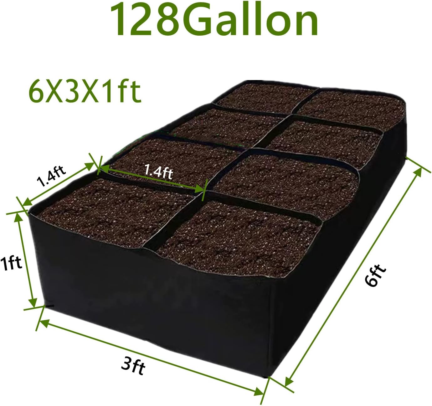 Niurui Cama de jardín elevada de tela de 128 galones, 8 agujeros, rectangular, 14.11 oz, gruesas, no tejidas, bolsas de cultivo para jardinería,