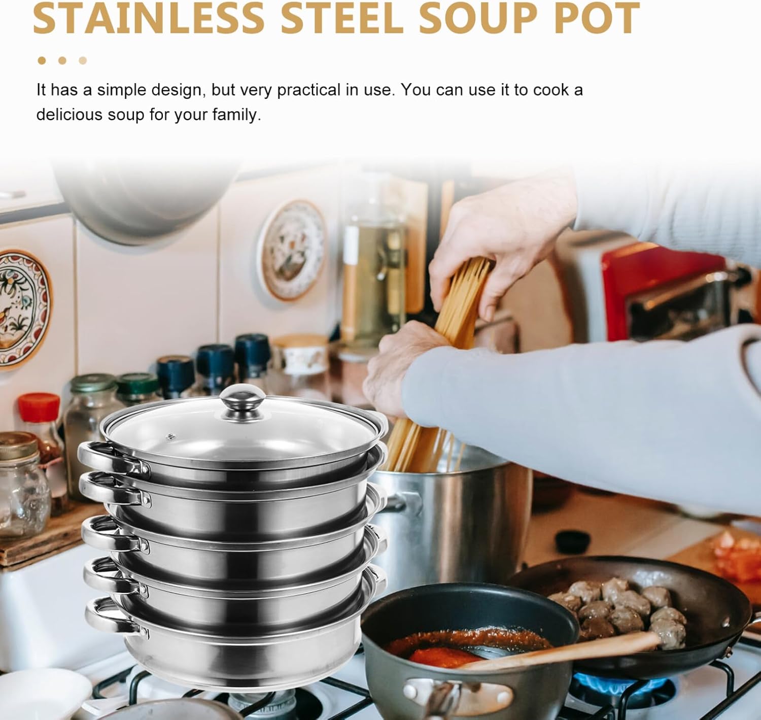 Angoily Vaporizador de alimentos Verduras asiáticas Olla grande Olla de sopa grande Ollas Utensilios de cocina Juegos de vapor para cocinar