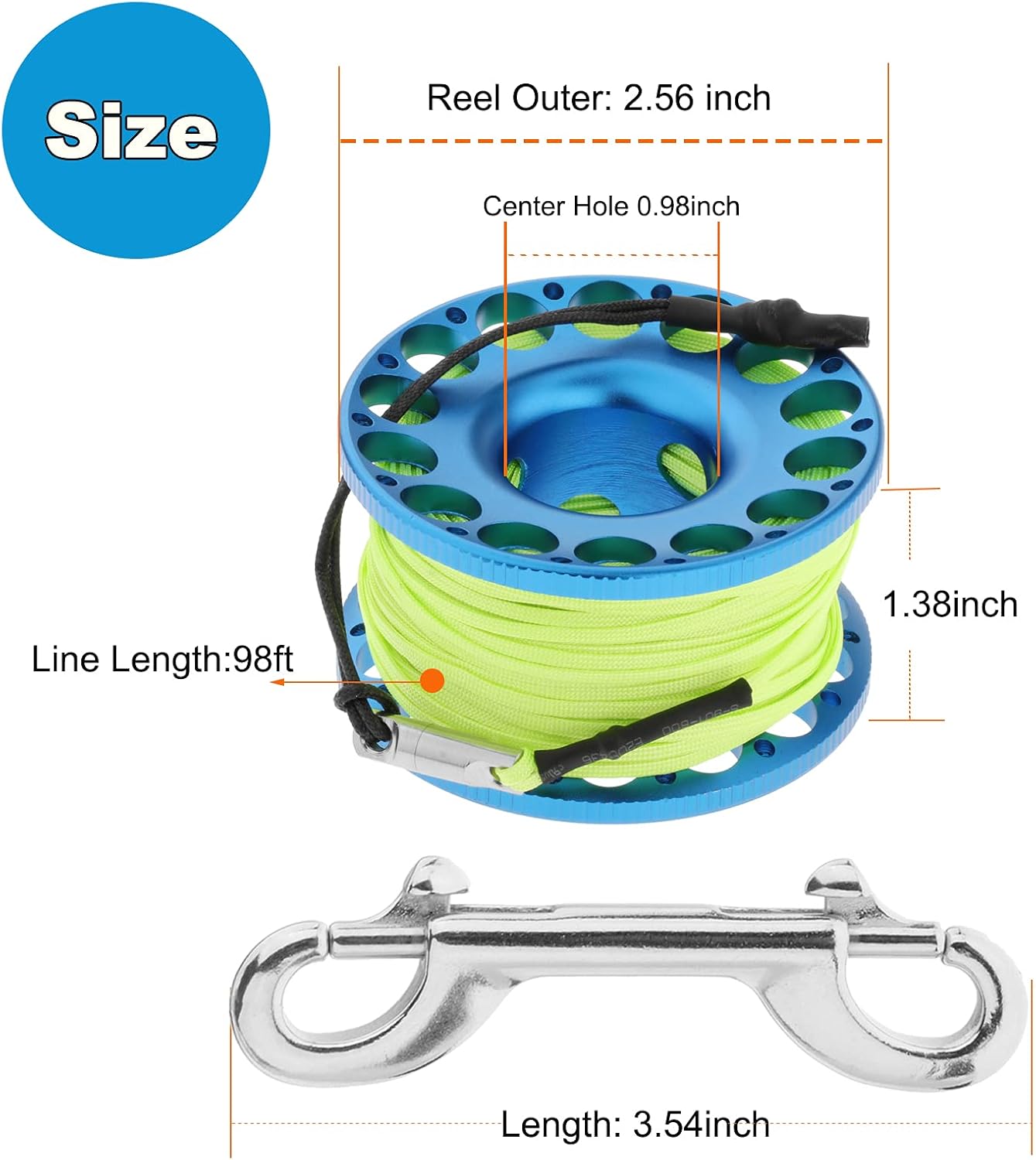YUNNLEZT 98FT Finger Reel Scuba Diving, Aluminum Lightweight Scuba Finger Spool Reel with Double-Ended Bolt Snap Clip for Snorkeling Scuba Diving