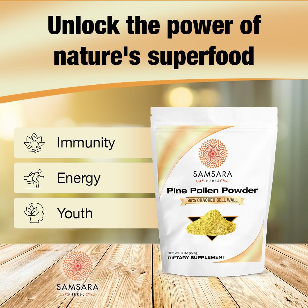 Samsara Herbs Polvo de polen de pino cosechado silvestre – 99% de pared celular agrietada (8 oz227 g) que apoya la energía saludable y la longevidad