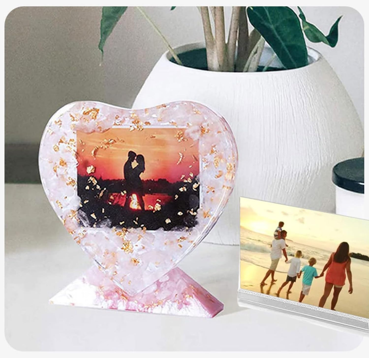 Paquete de 2 moldes de resina para marcos de fotos, moldes de silicona epoxi rectangulares y en forma de corazón para decoración del hogar,