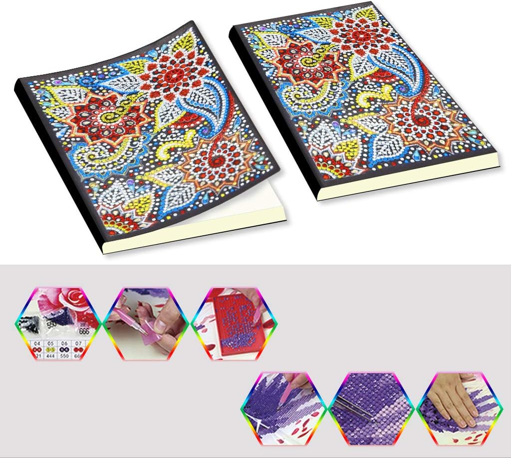 Paquete de 2 cuadernos de pintura de diamantes forrados, arte de diamantes 5D, cuaderno de punto de cruz, papel en blanco A5, cuaderno de notas de