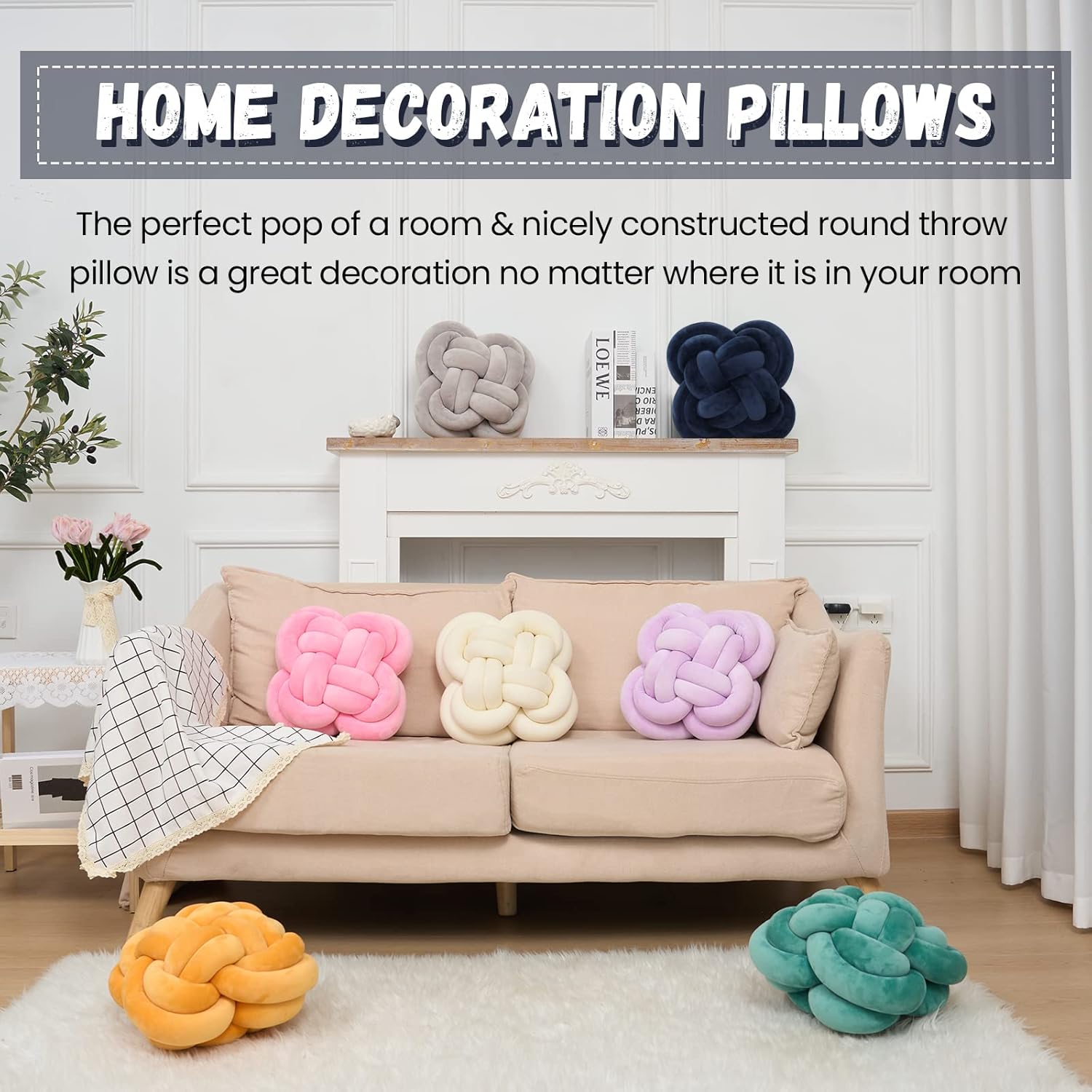 Bola de almohada de nudo suave, almohadas estéticas de nudo, almohadas decorativas, almohada redonda hecha a mano para decoración del hogar (12.5