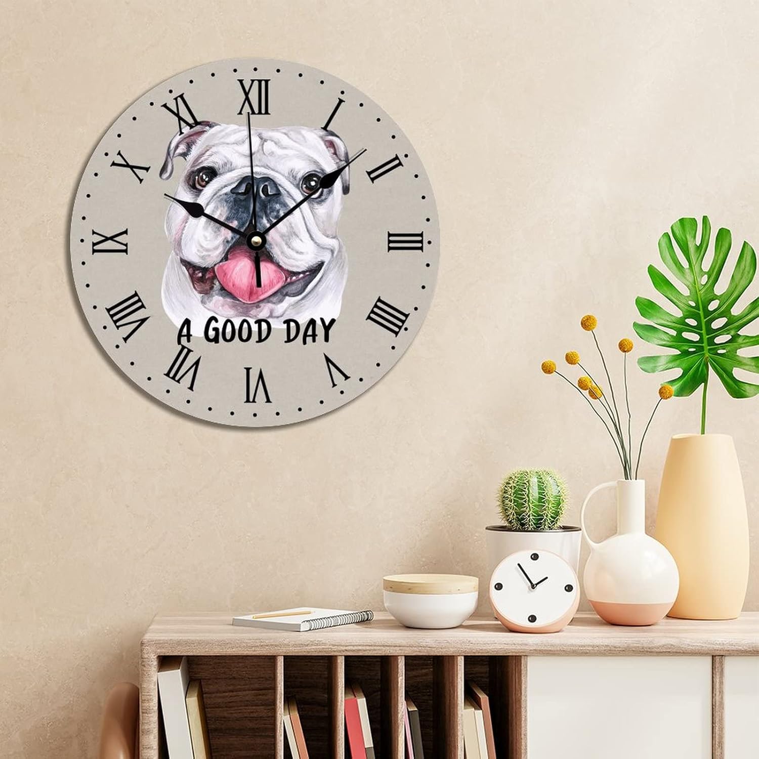 A Good Day – Reloj redondo de bulldog inglés para pared, reloj de regalo para propietario de bulldog inglés, reloj de pared de PVC, funciona con