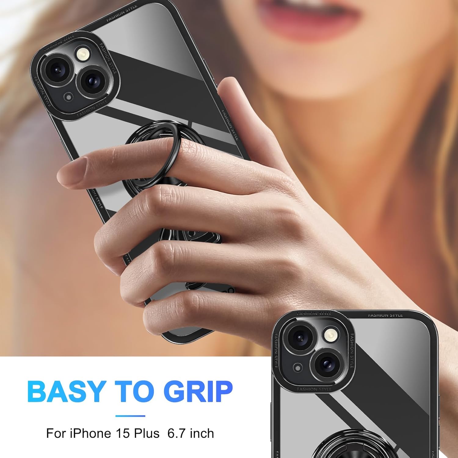 LONTECT Funda para iPhone 15 Plus a prueba de golpes, protección de cuerpo completo, soporte de anillo de astronautas, delgada y transparente,