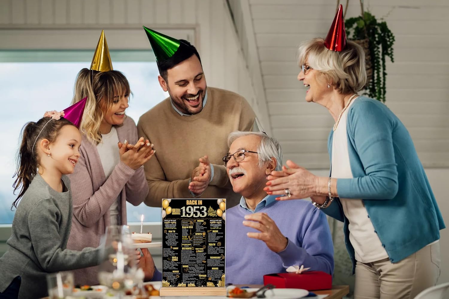 ArtAubrey Regalo de cumpleaños número 70 para mujeres y hombres, suministros de fiesta de 1953 de doble cara, tema de 1953, póster acrílico dorado