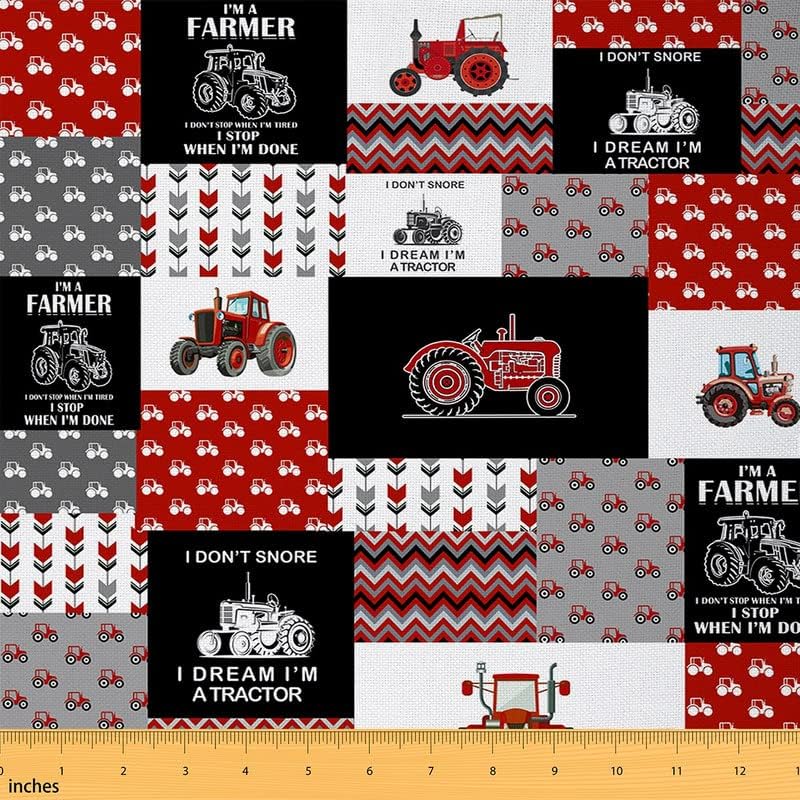Feelyou Tela de tractor por yarda, equipo de granja de dibujos animados, tela de tapicería para sillas, cuadrícula decorativa impermeable para